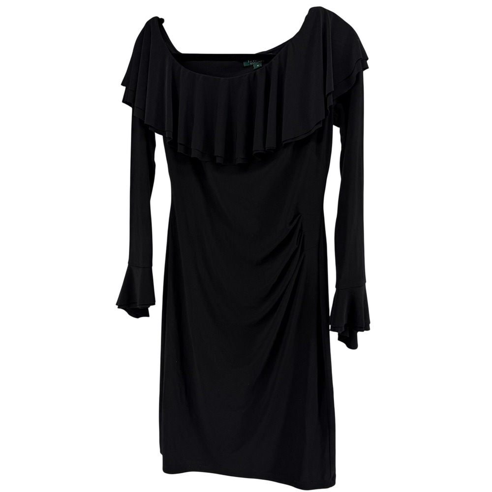 Lauren Ralph Lauren Black Ruffle‎ Off-Shoulder Bell Sleeve Ruched Sheath Dress 8